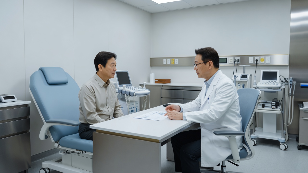 건강검진 예약 시 프로그램별 비용을 상담하는 병원 장면