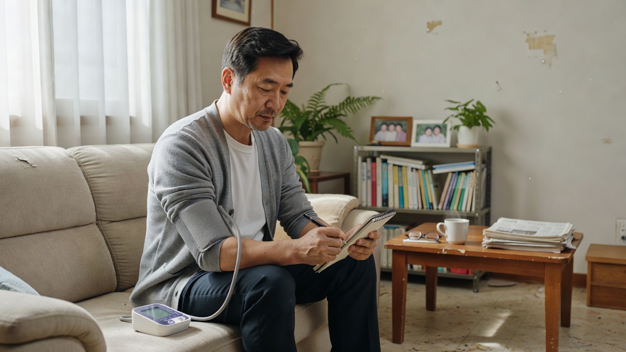 건강검진 사후관리로 가정에서 혈압을 반복 측정하는 모습